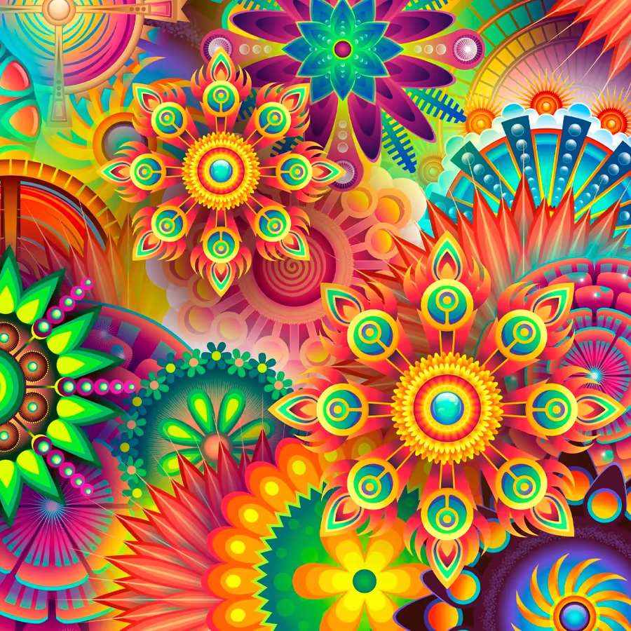 Яркий и красочный абстрактный узор с цветами в стиле психоделики