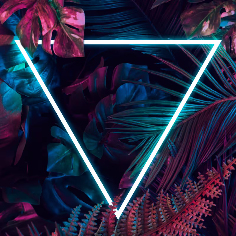 Яркий фон с тропическими листьями и неоновым треугольником