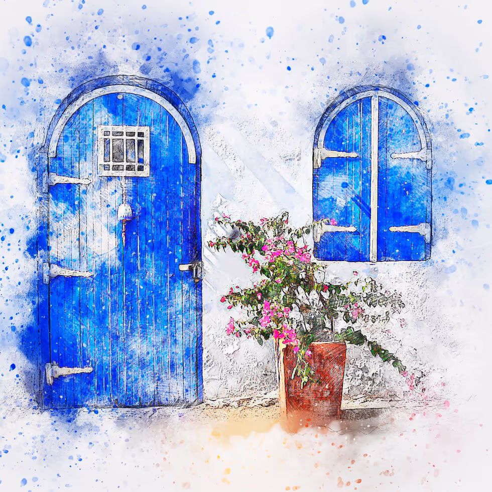 Яркие синие двери и окно с цветущим растением перед стеной дома выполненное в стиле акварели