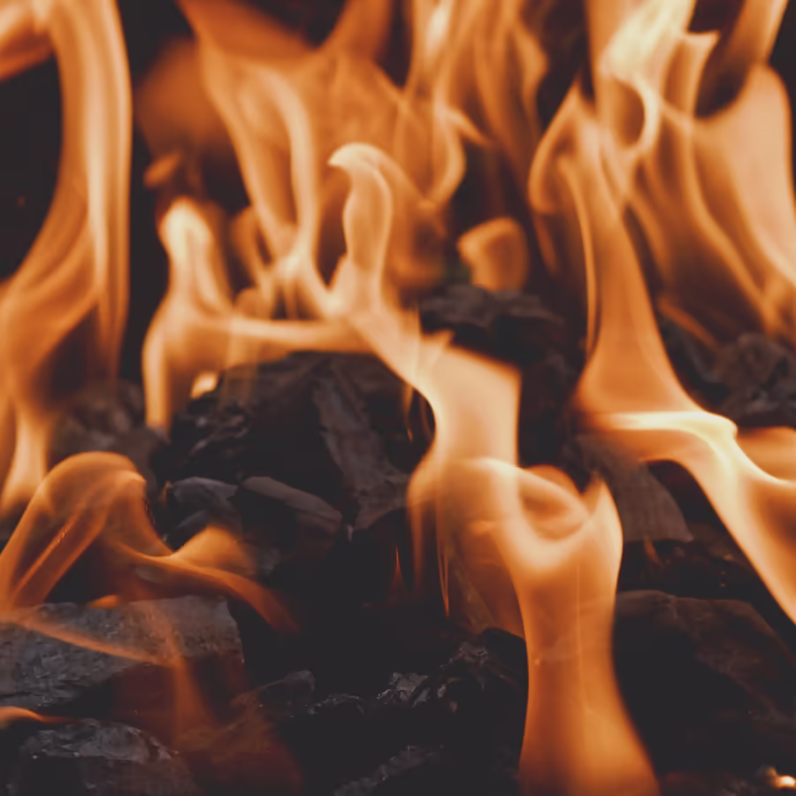 Яркое пламя танцует над углями костра