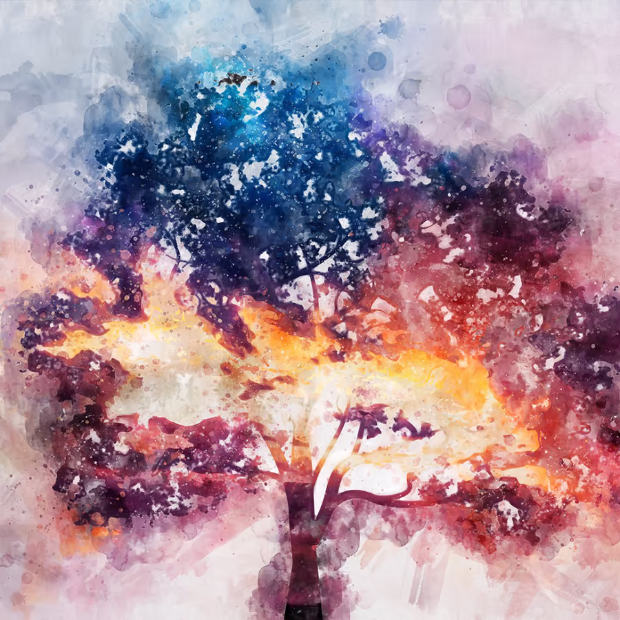 Яркое изображение дерева выполненное в технике акварели с использованием насыщенных цветов