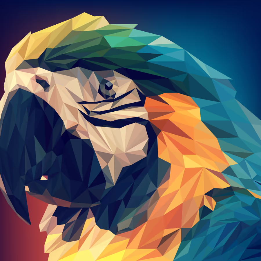 Яркий попугай Ара изображенный в технике лоуполи  с использованием минимального количества полигонов