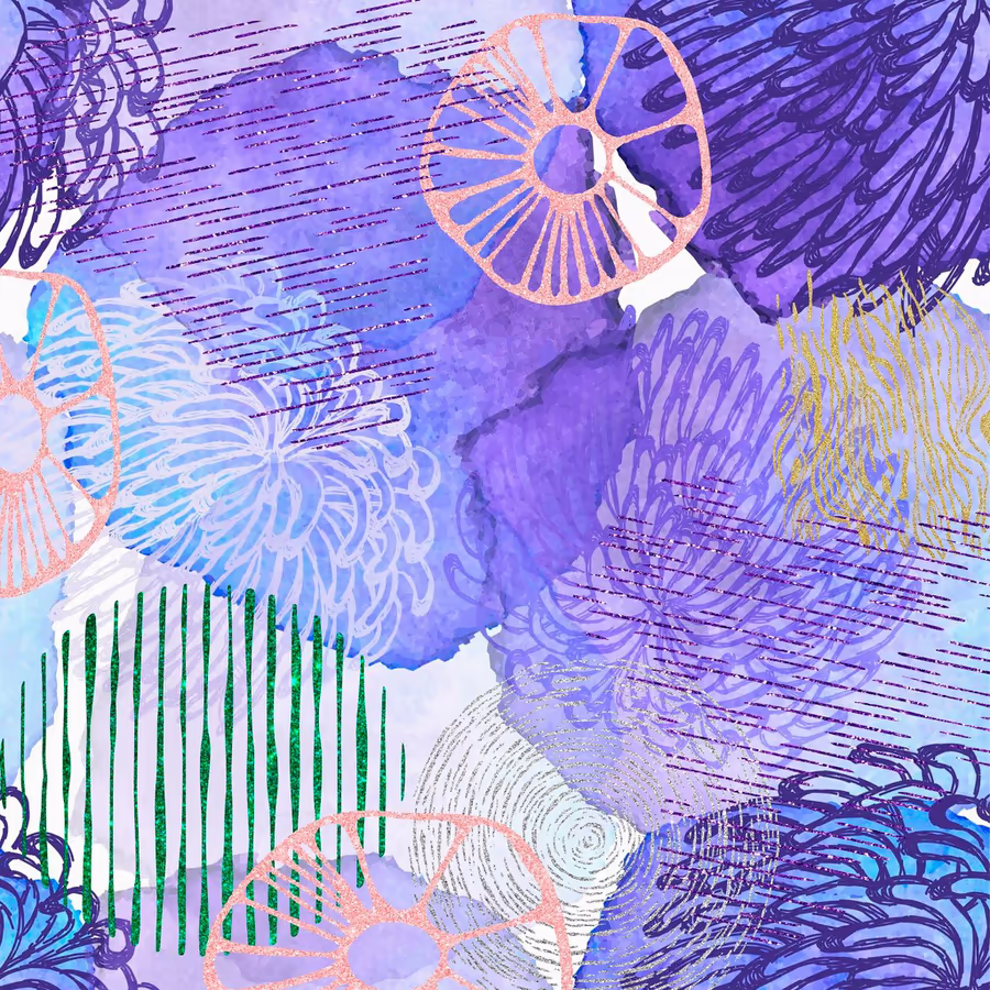 Яркий узор в фиолетовых тонах напоминающий морские элементы и цветы