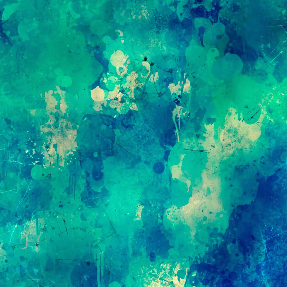 Яркое акварельное изображение с оттенками синего и зеленого напоминающее морскую глубину