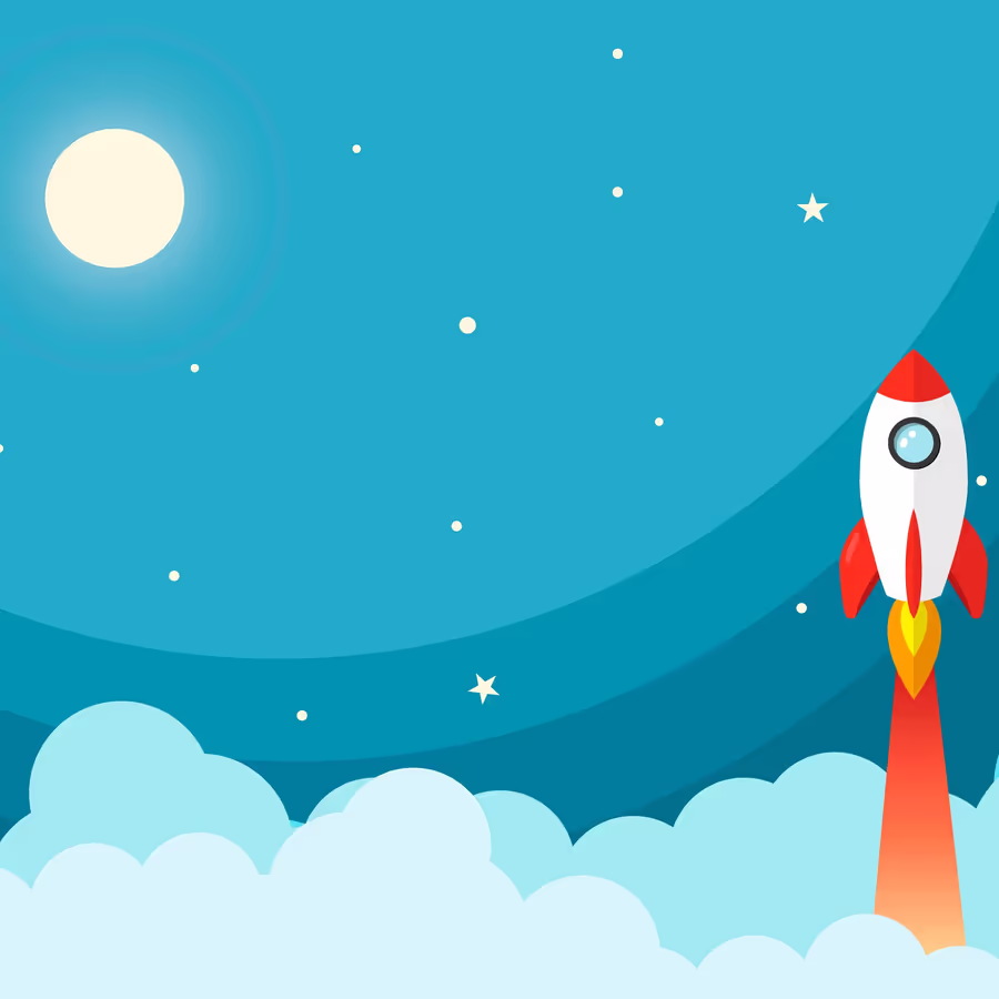 Мультяшная ракета взлетает к Луне среди звезд