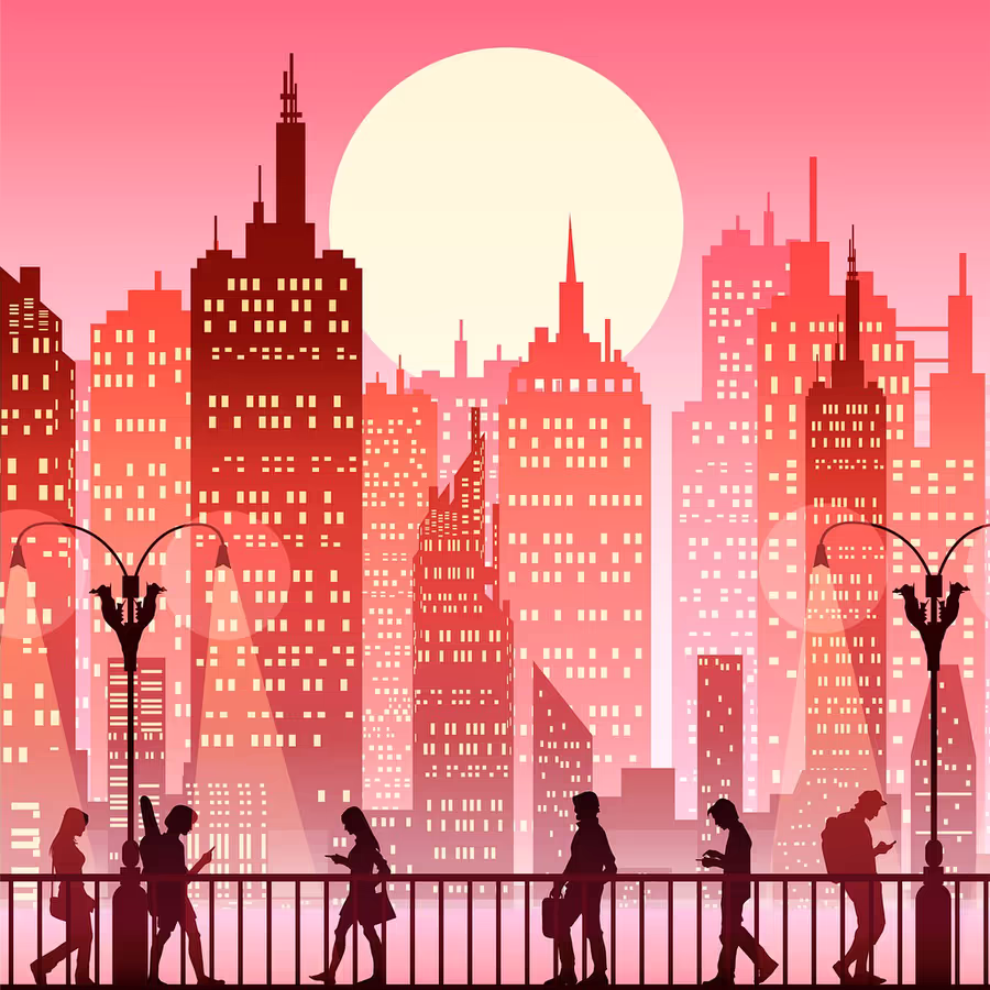 Силуэты небоскребов и людей на фоне большого розового солнца