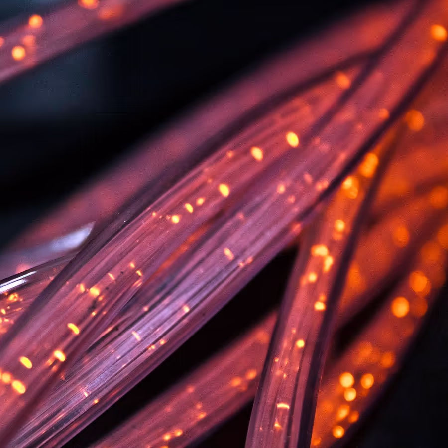 Крупный план оптоволоконных кабелей светящихся изнутри