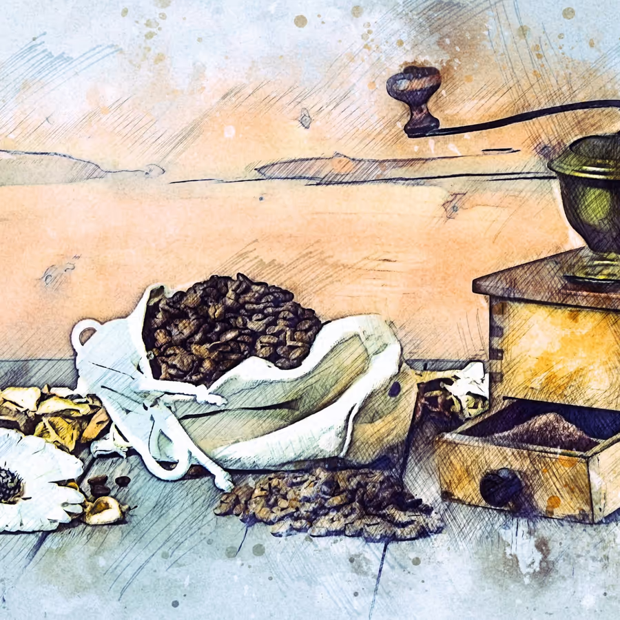 Изображение кофейных зерен разбросанных вокруг старинной ручной кофемолки