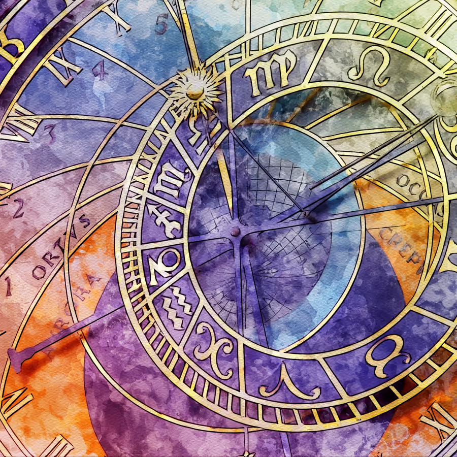 Красочная акварельная иллюстрация астрологической карты включающая символы зодиака