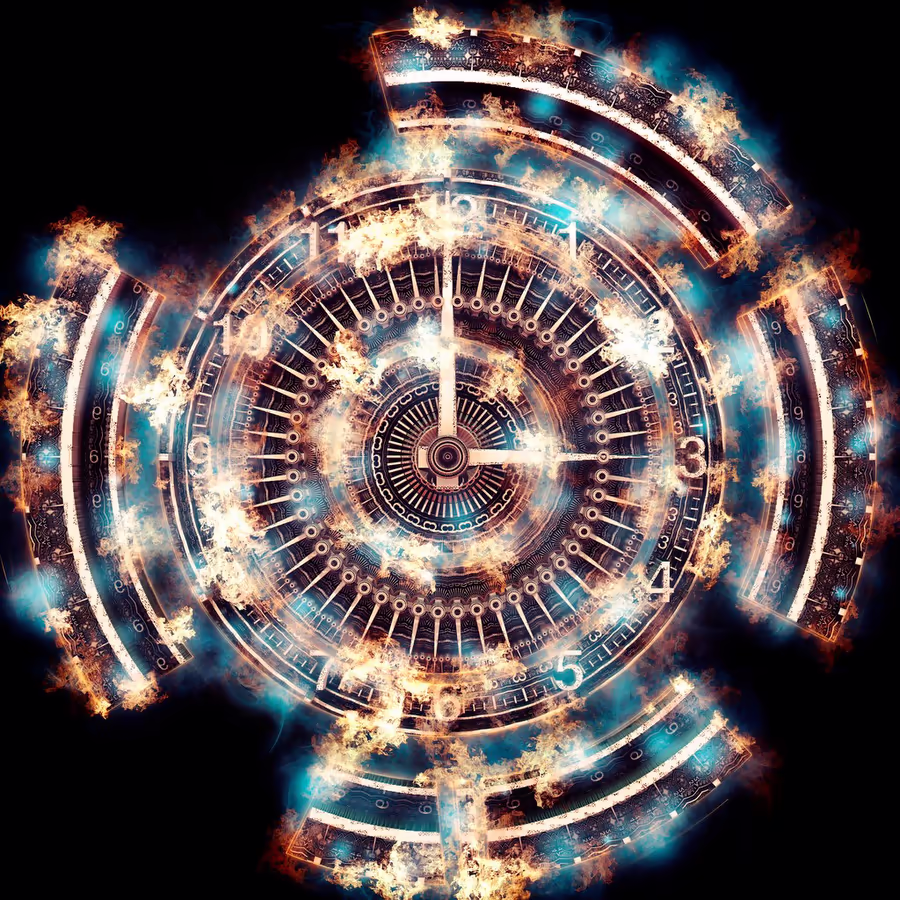 Сложный механизм часов в абстрактном стиле с яркими огненными элементами