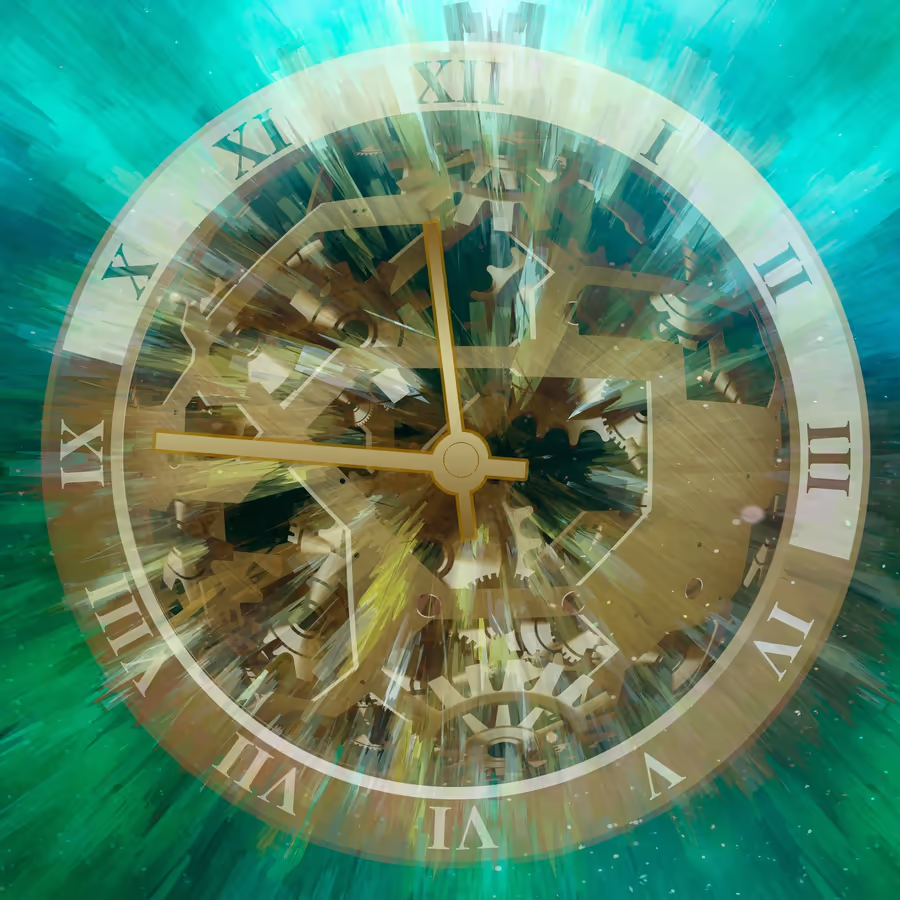 Сложный часовой механизм с римскими цифрами в вихре энергии