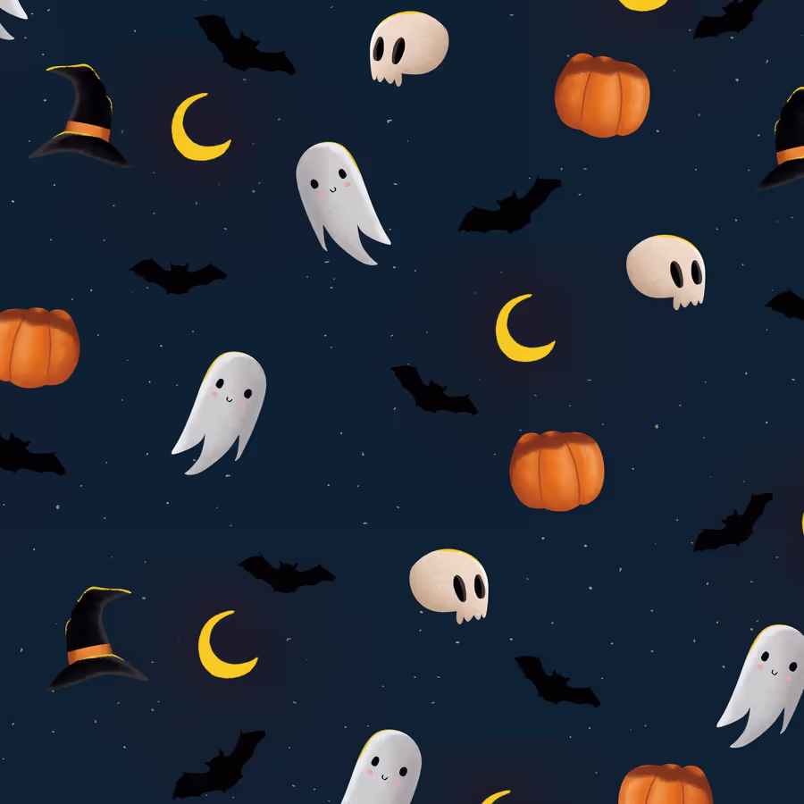 Милый повторяющийся паттерн с элементами Хэллоуина привидения тыквы черепа летучие мыши и луны на темном фоне