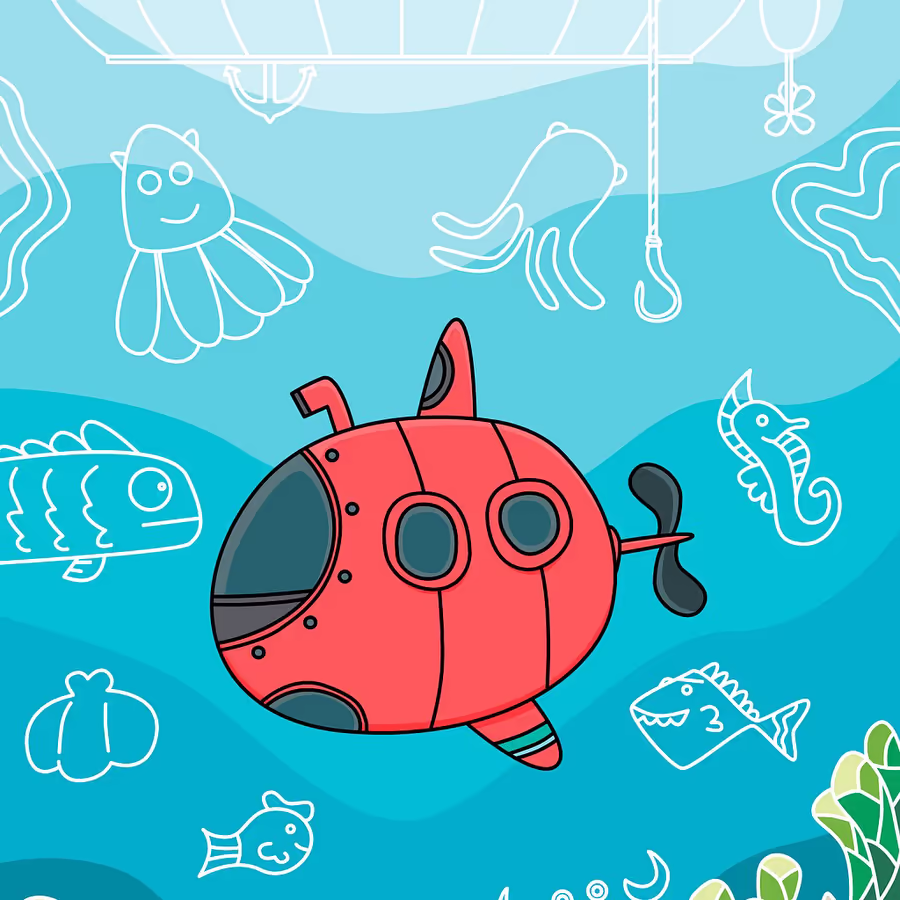 Милая красная подводная лодка исследует морские глубины