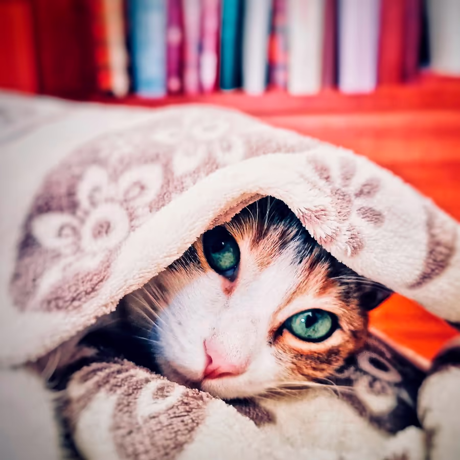 Милая трехцветная кошечка прячется под полотенцем