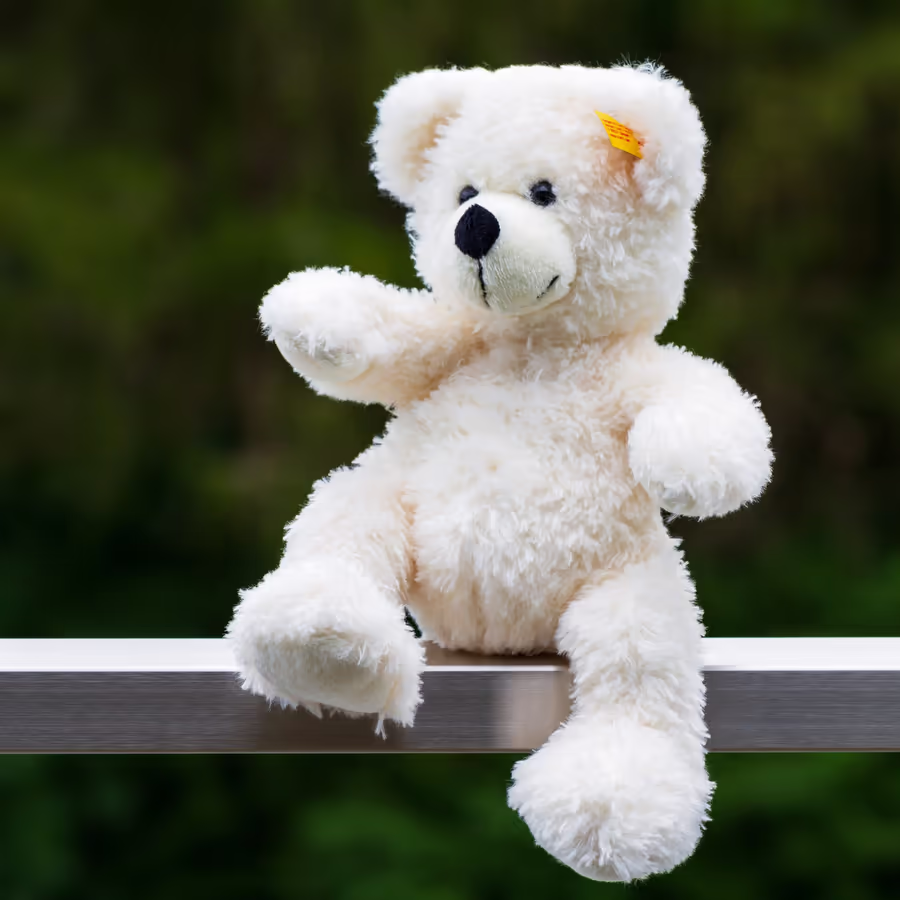 Милый белый медвежонок сидит на перилах