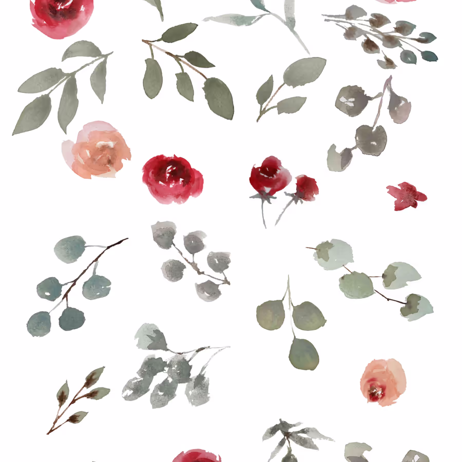 Нежный узор из красных роз и веток эвкалипта выполненный акварелью