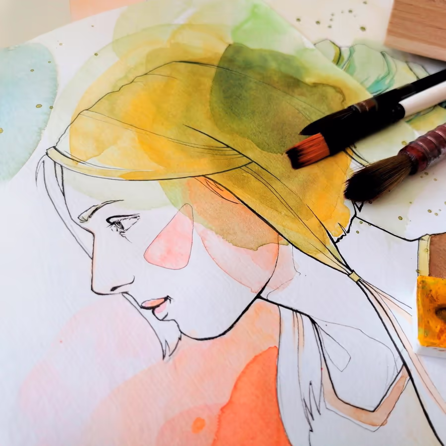 Нежный акварельный рисунок женского профиля с использованием ярких цветов и тонкой линии