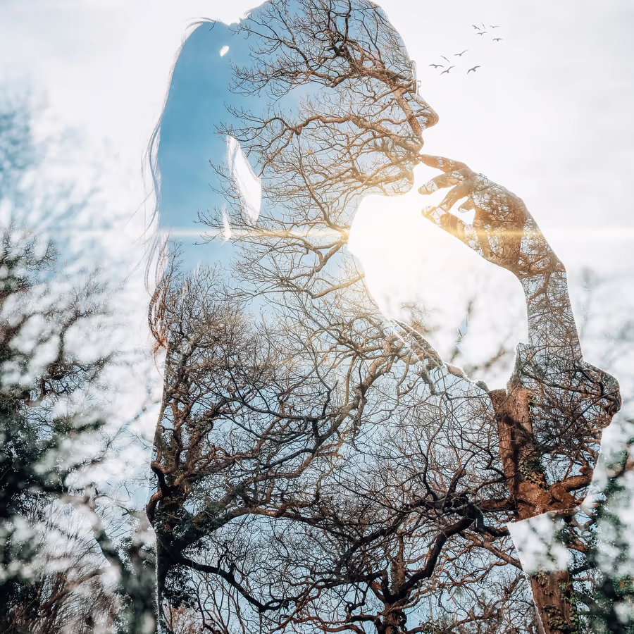 Изображение представляет собой двойную экспозицию силуэта девушки слитого с ветвями дерева