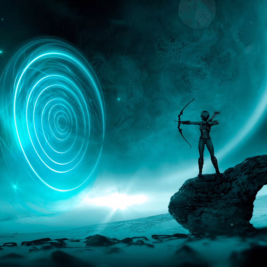Элегантная фигура лучницы на фоне космического портала