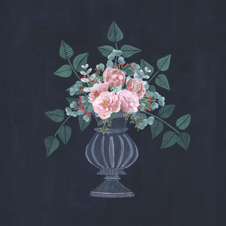 Изысканный букет нежных розовых пионов и зелени в элегантной серой вазе