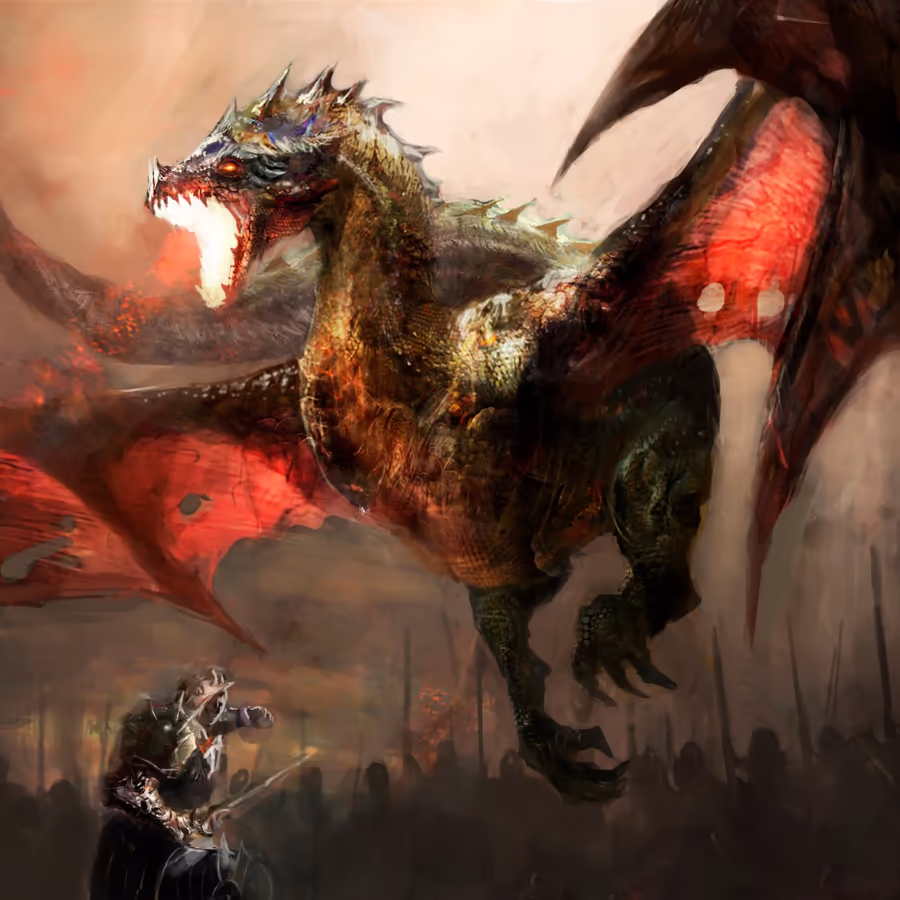 Дракон атакует армию рыцарей