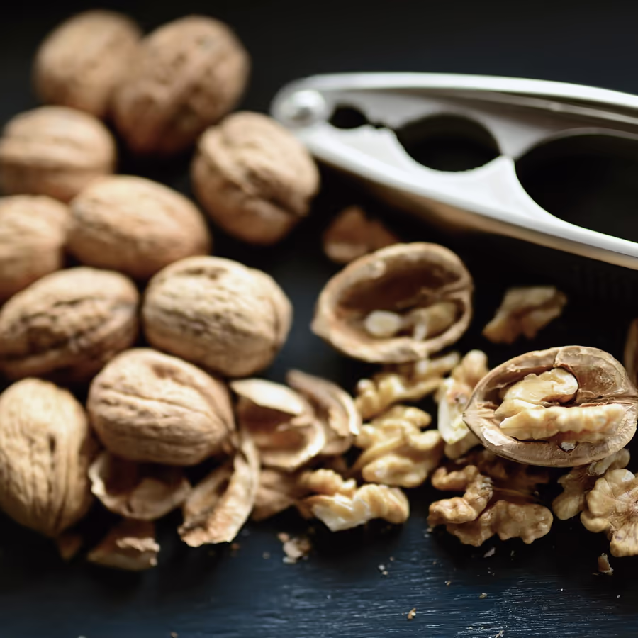 Свежие грецкие орехи рядом со щелкунчиком для орехов
