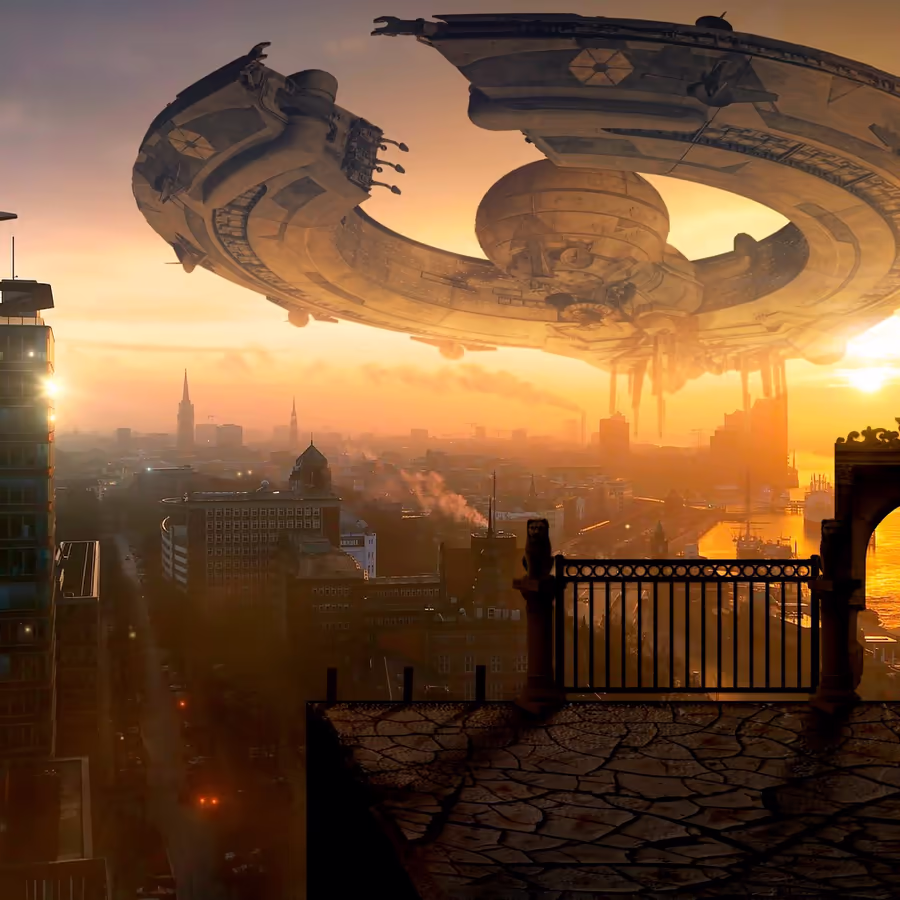 Гигантские космические корабли парят над мегаполисом