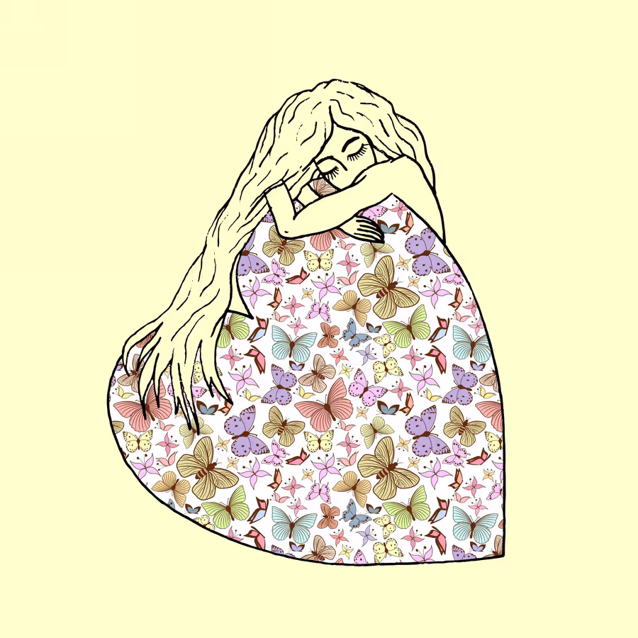 Девушка обнимает себя укутанная в платок с изображением бабочек Символ любви к себе и внутреннего мира