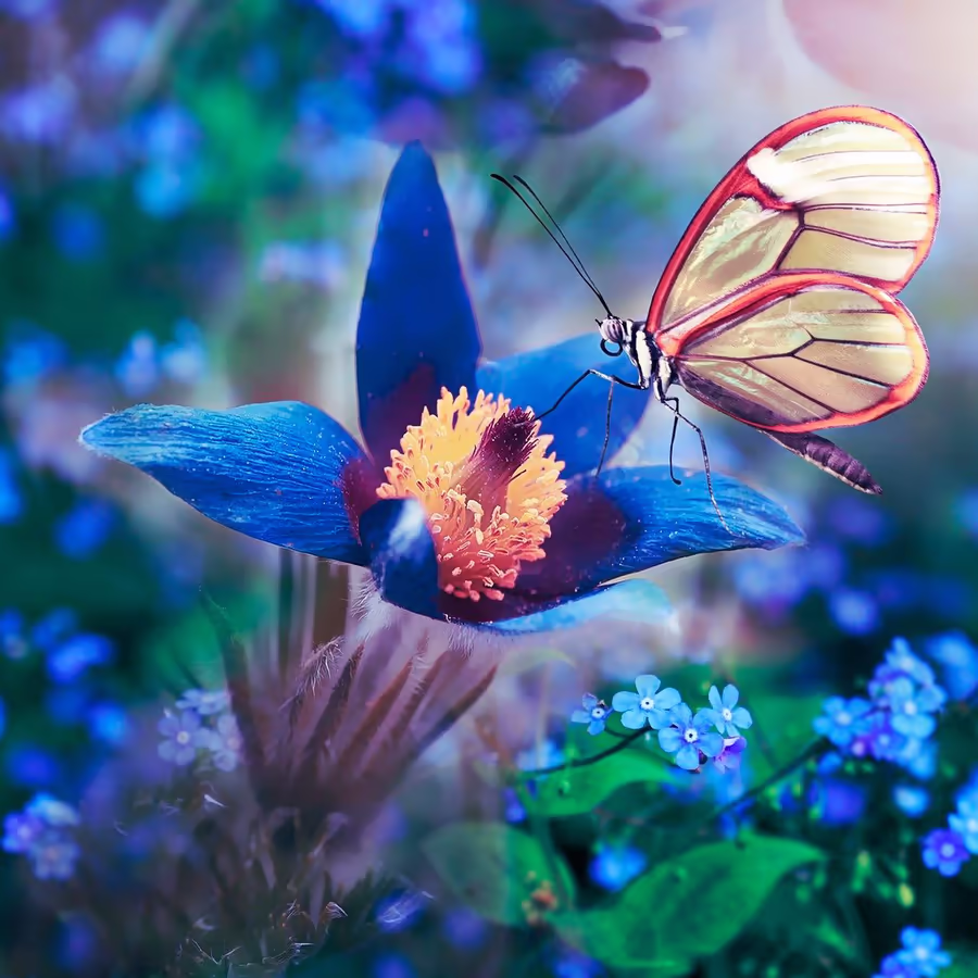 Бабочка-стеклянница садится на синюю орхидею