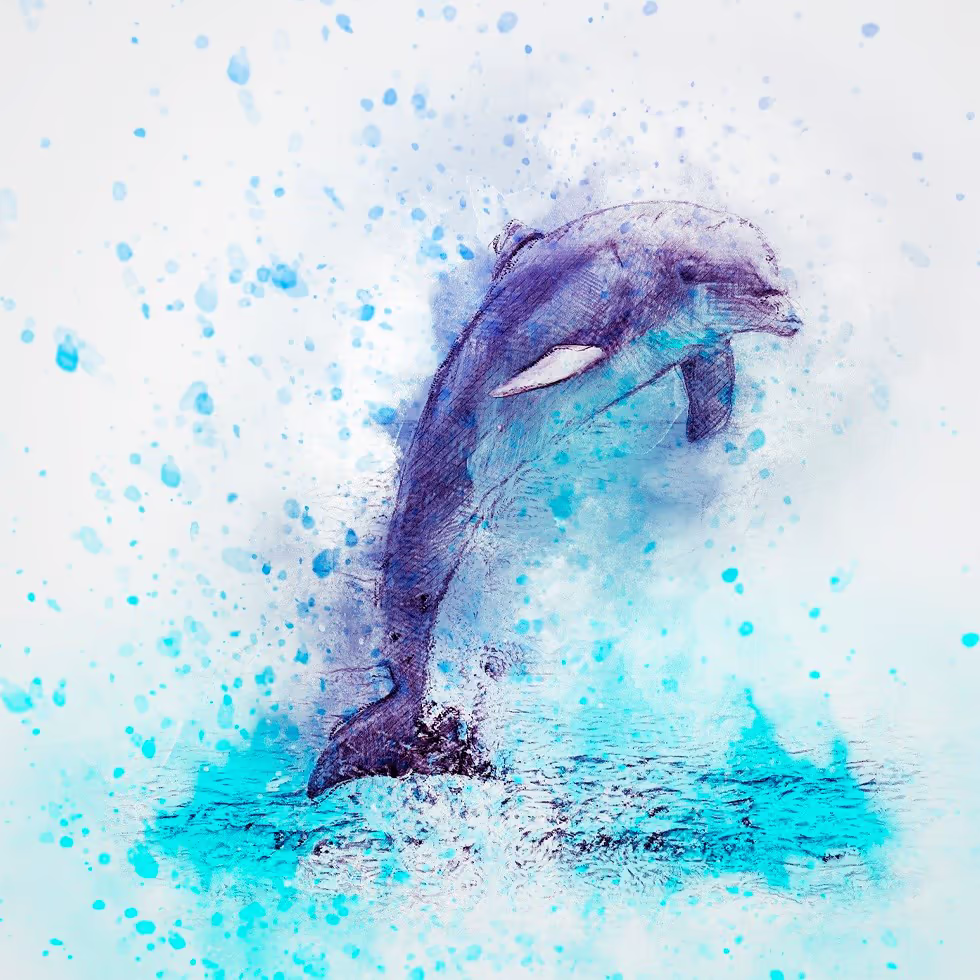 Грациозный дельфин выпрыгивает из воды изображенный акварелью