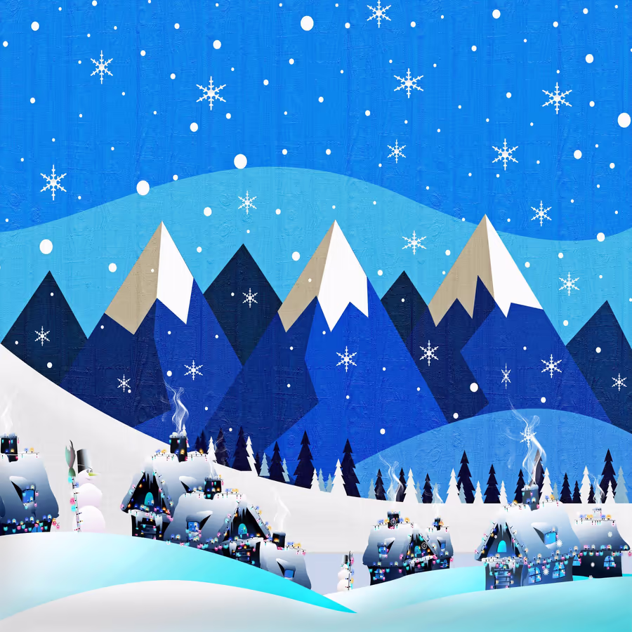 Идиллическая зимняя сцена с заснеженными домиками и горами