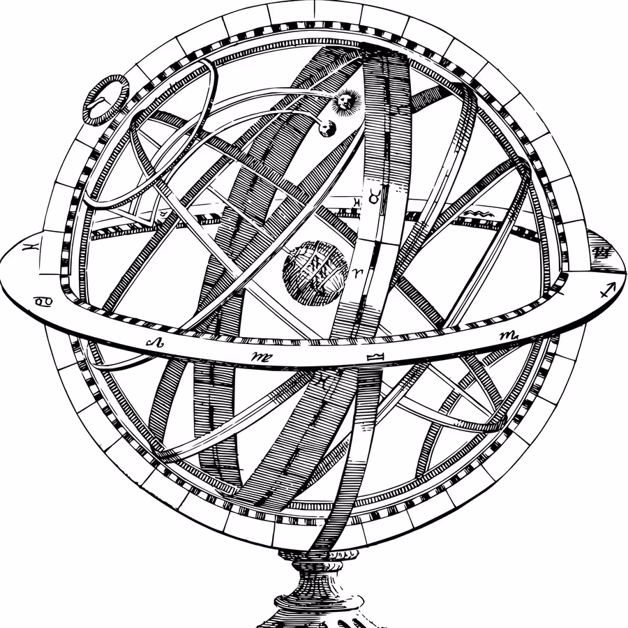 Иллюстрация сложного астрономического инструмента - глобуса отображающего небесные сферы и положение планет