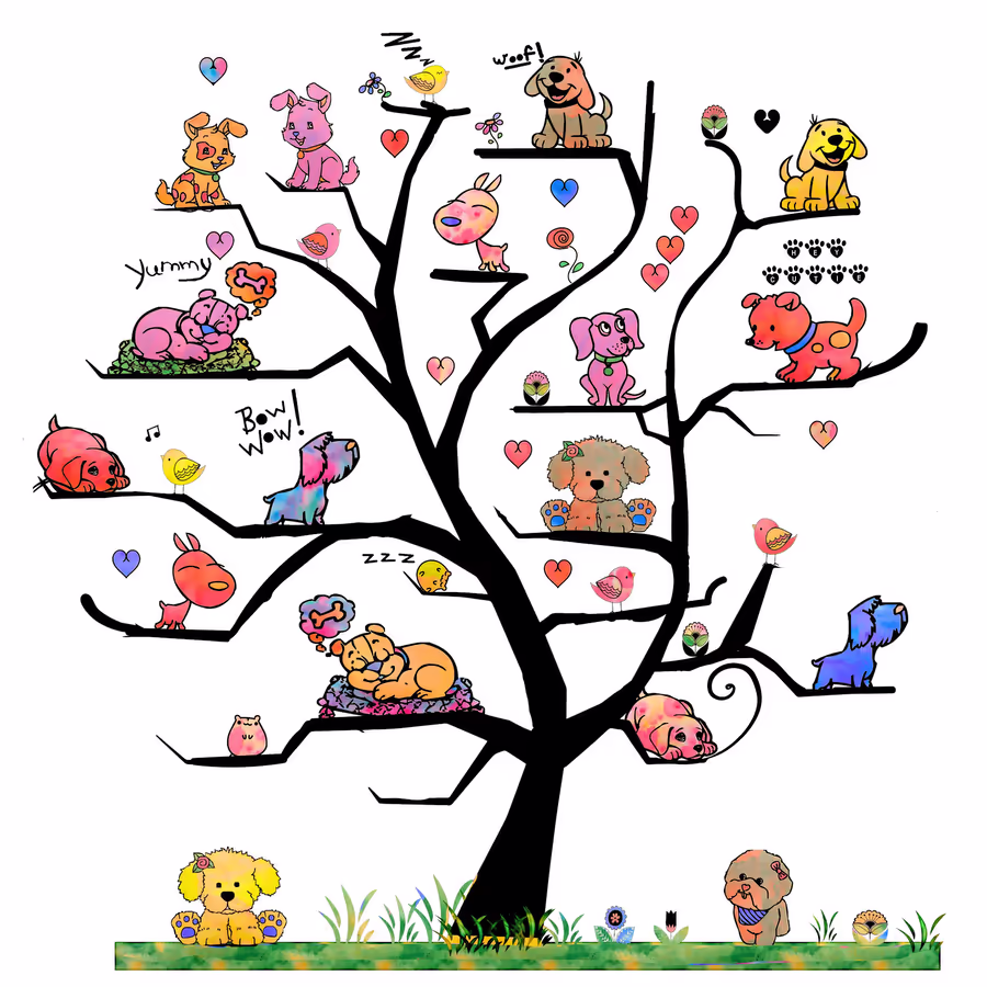 Иллюстрация дерева на ветвях которого живут разные породы собак