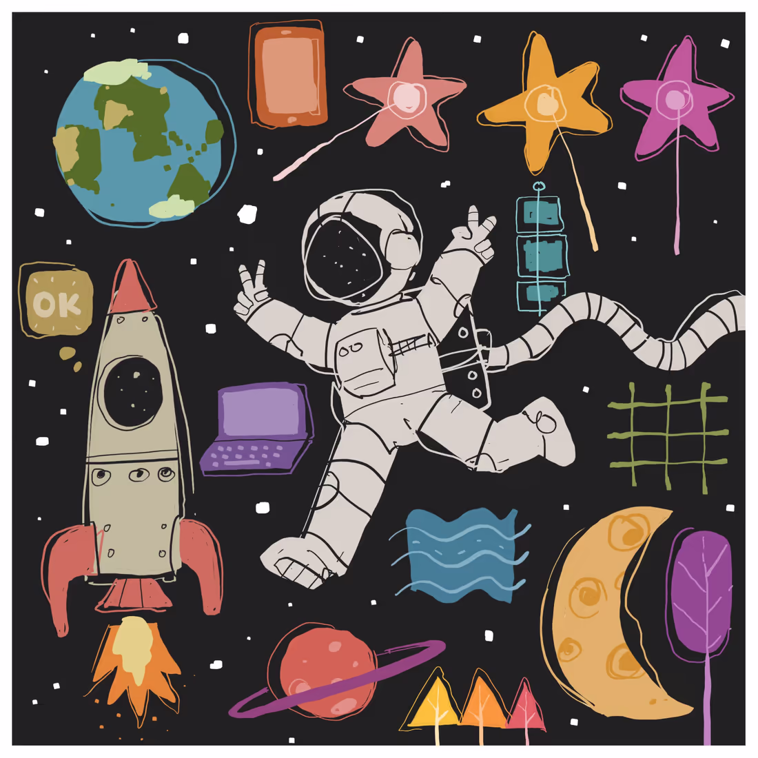 Иллюстрация космоса с астронавтом и элементами сказочного мира