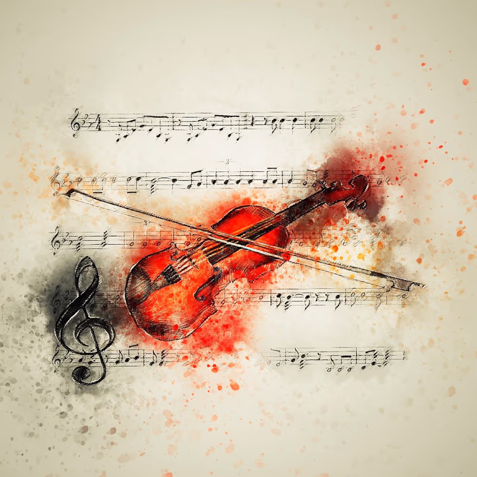 Изображение скрипки окруженной нотами выполненное в акварельной технике