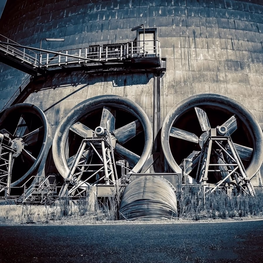 Огромная градирня с вентиляторами для охлаждения воды