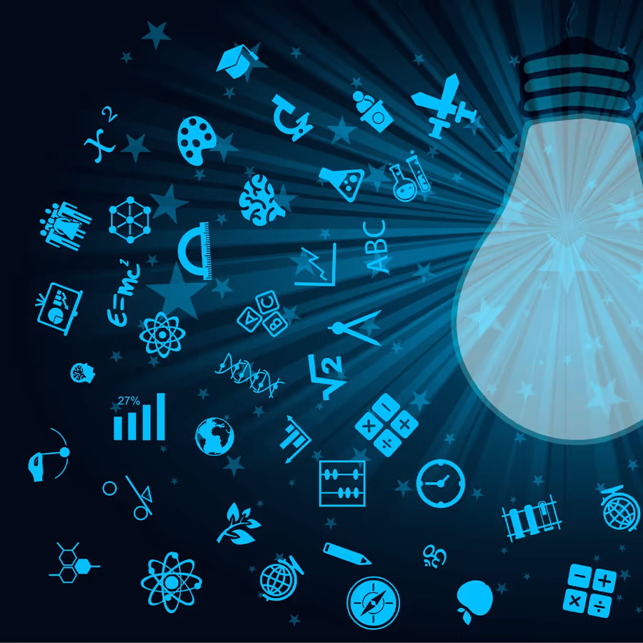 Изображение лампочки окруженной символами знаний и науки