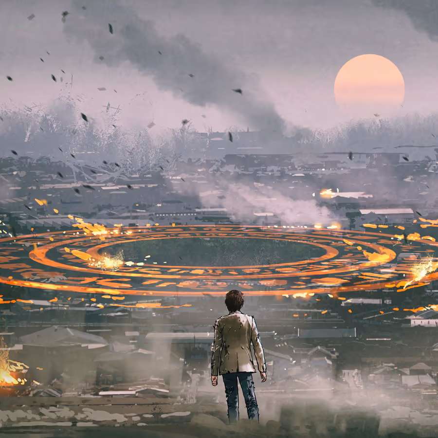 Одинокий наблюдатель перед апокалиптическим пейзажем