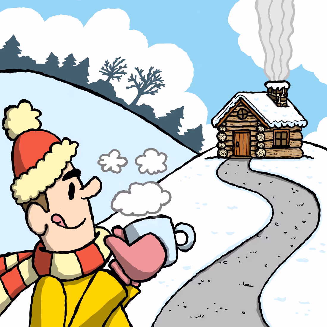 Мужчина с чашкой чая на фоне заснеженного домика