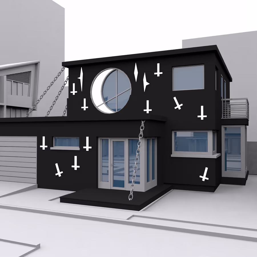 Современный дом с элементами готики черная отделка кресты и луна