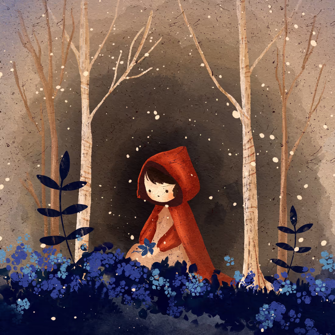 Загадочная девочка в капюшоне в темном волшебном лесу