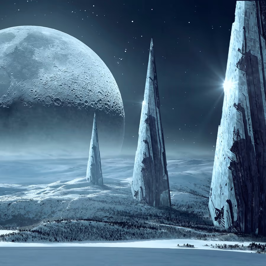 Загадочный пейзаж ледяных образований под огромной луной