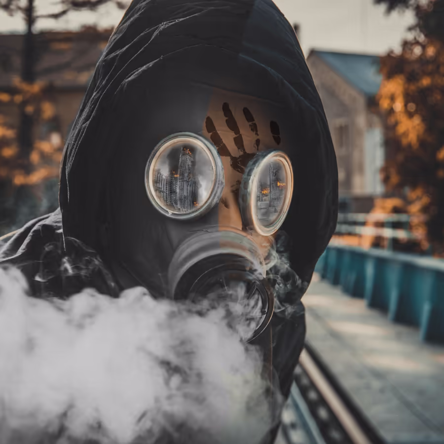 Загадочный человек в черном капюшоне и противогазе окутанный дымом