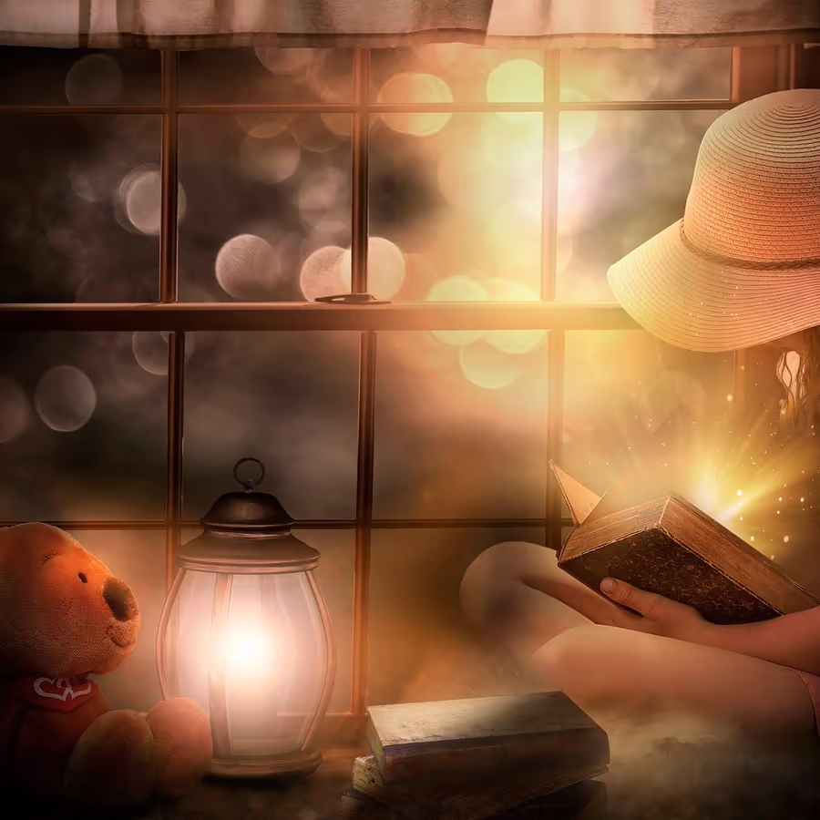 Девушка читает книгу ночью при свете фонаря и лунного света