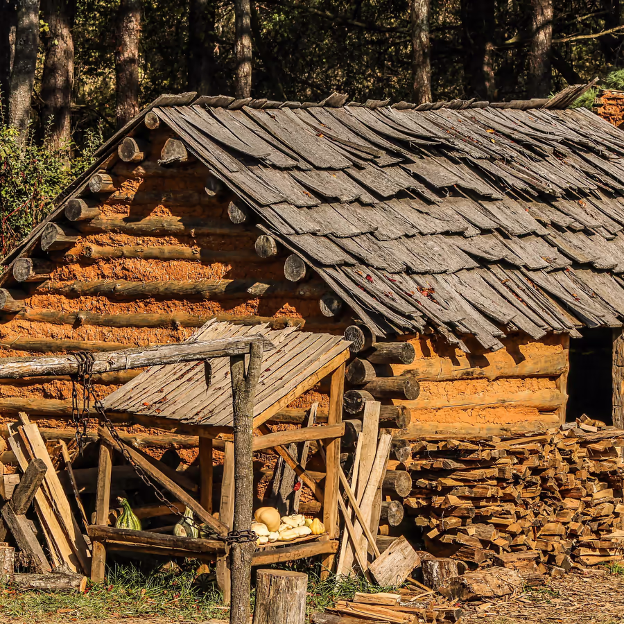 Деревянная изба с бревенчатыми стенами и дровяной крышей