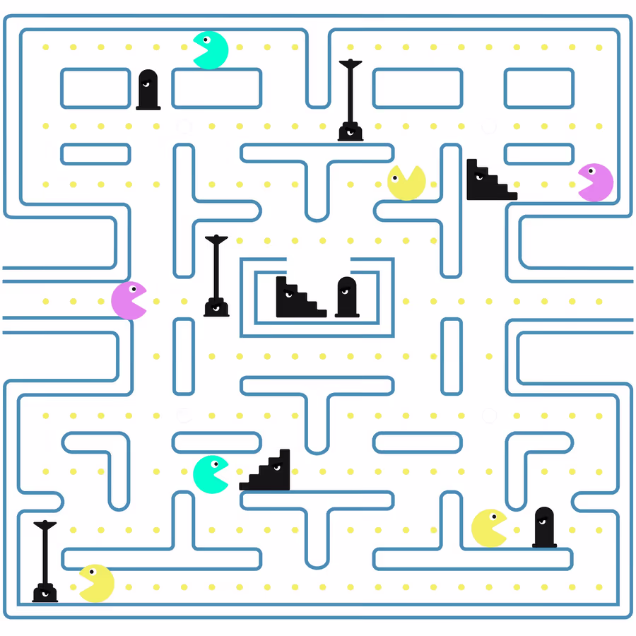 Игровое поле классической аркадной игры Pac-Man с персонажами