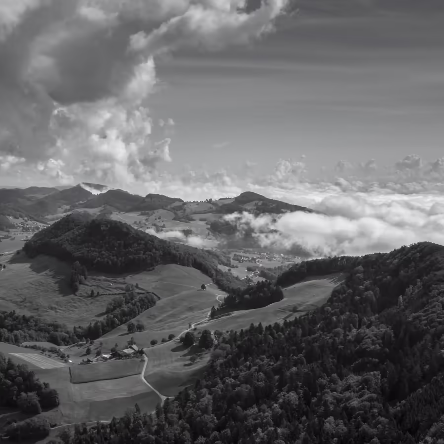 Панорамный вид на долину окутанную утренним туманом