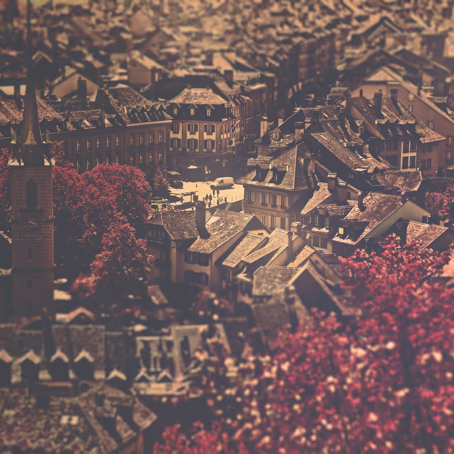 Панорамный вид старинного города с черепичными крышами и осенней листвой