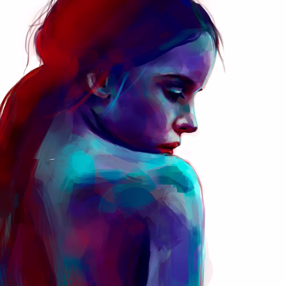 Портрет девушки выполненный в экспрессивной технике с использованием ярких контрастных цветов
