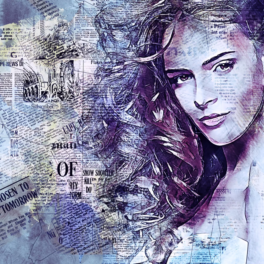 Портрет девушки интегрированный с газетными вырезками и чертежами